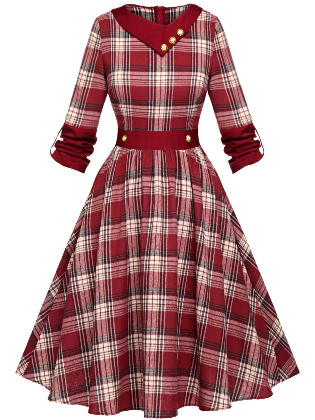 Best Retro Stage 1950s Roll Up Scottish Plaid Dress Red