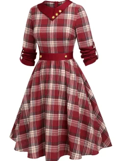 Best Retro Stage 1950s Roll Up Scottish Plaid Dress Red