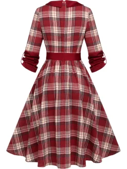 Best Retro Stage 1950s Roll Up Scottish Plaid Dress Red