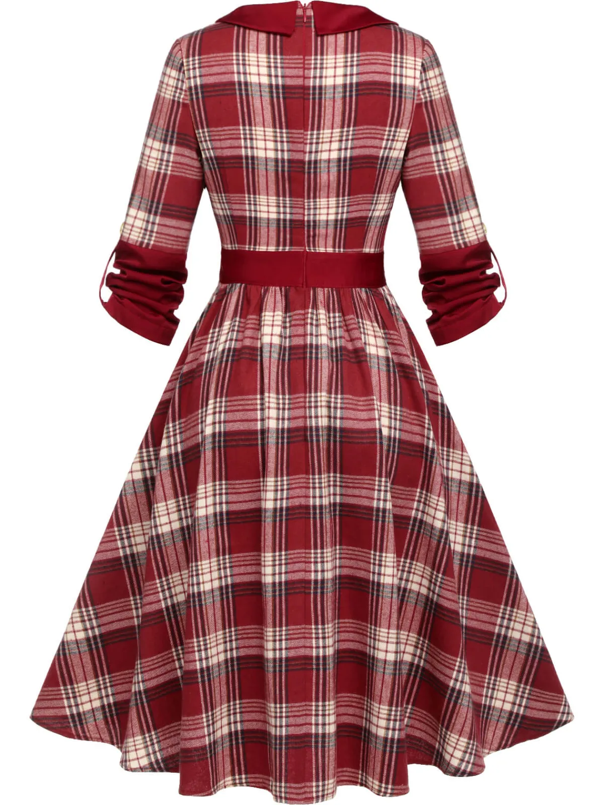 Best Retro Stage 1950s Roll Up Scottish Plaid Dress Red