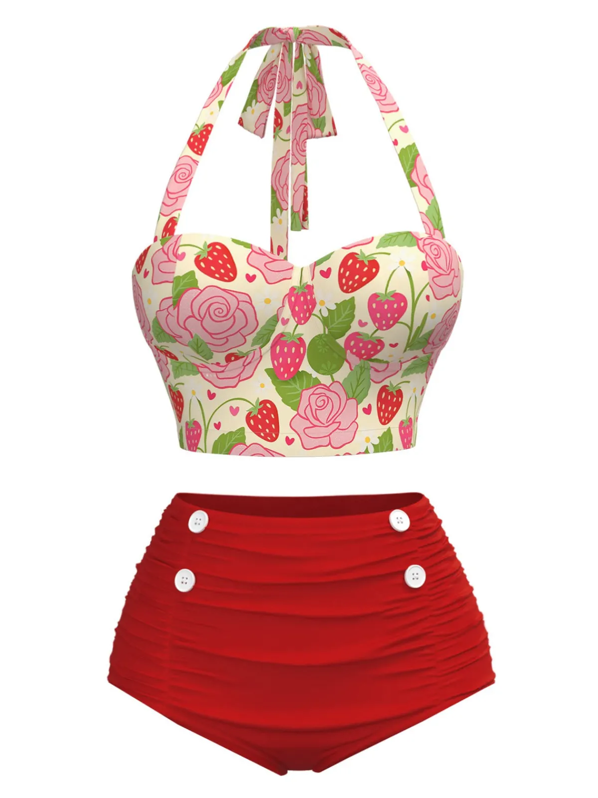 Hot Retro Stage Red 1950s Rose & Strawberry Halter Swimsuit Deep Red