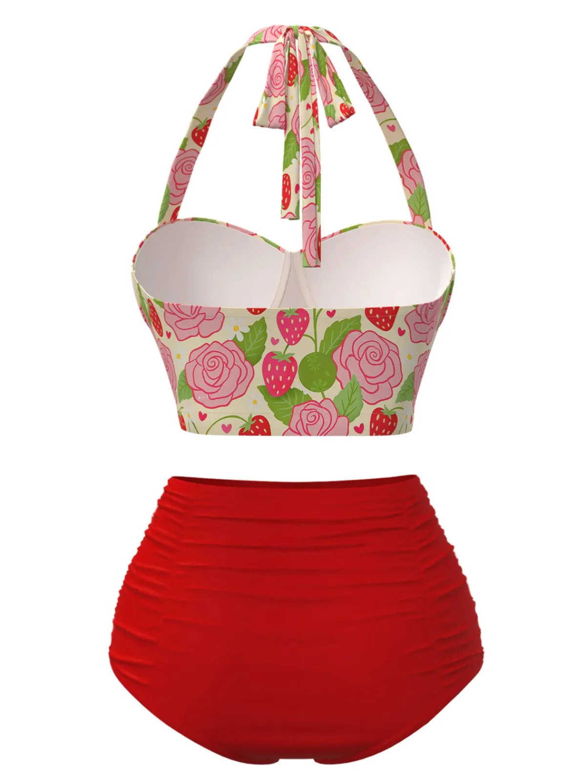 Hot Retro Stage Red 1950s Rose & Strawberry Halter Swimsuit Deep Red