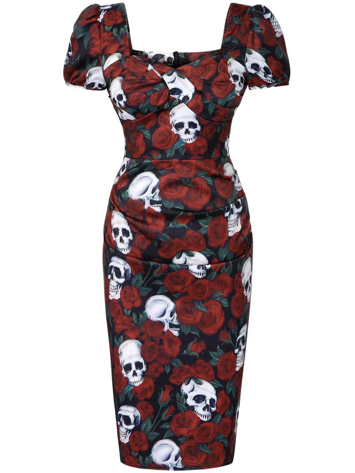 Clearance Retro Stage 1960s Rose Skull Sqaure Neck Pencil Dress Red