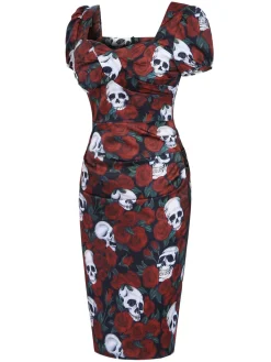 Clearance Retro Stage 1960s Rose Skull Sqaure Neck Pencil Dress Red