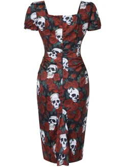 Clearance Retro Stage 1960s Rose Skull Sqaure Neck Pencil Dress Red