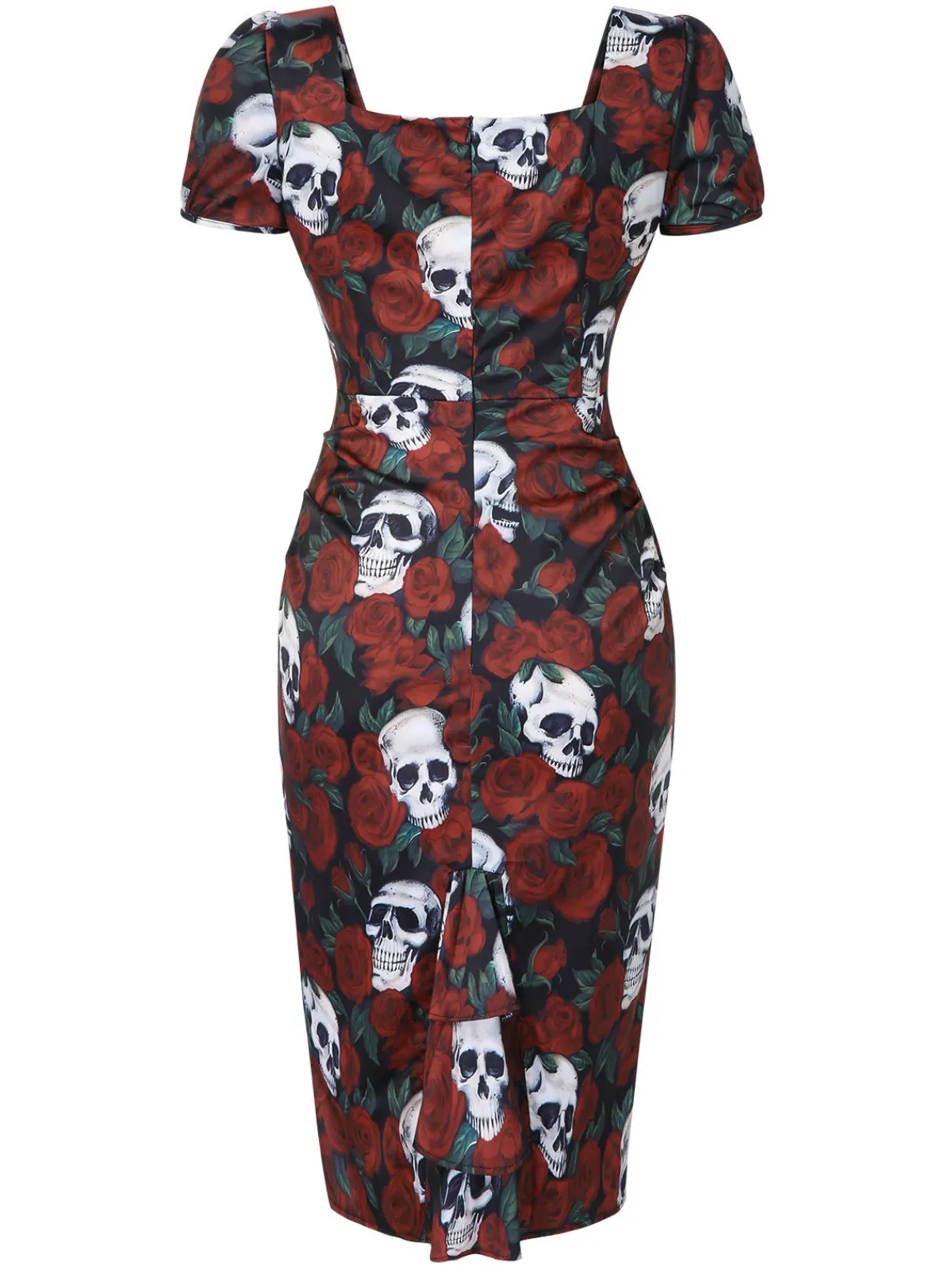 Clearance Retro Stage 1960s Rose Skull Sqaure Neck Pencil Dress Red