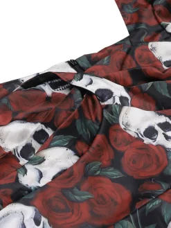 Clearance Retro Stage 1960s Rose Skull Sqaure Neck Pencil Dress Red