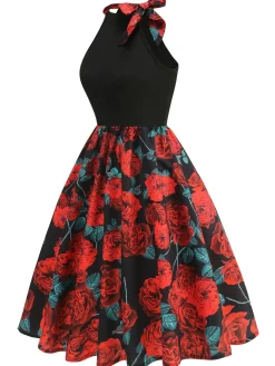 Online Retro Stage Red 1950s Rose Sleeveless Patchwork Dress Black