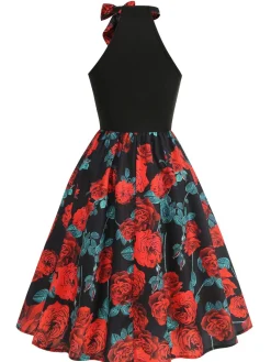Online Retro Stage Red 1950s Rose Sleeveless Patchwork Dress Black