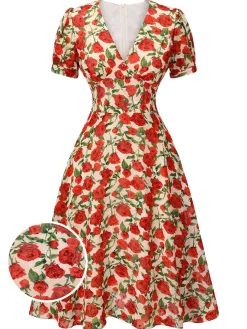 Fashion Retro Stage 1940s Rose V-Neck Swing Dress Red