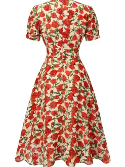Fashion Retro Stage 1940s Rose V-Neck Swing Dress Red