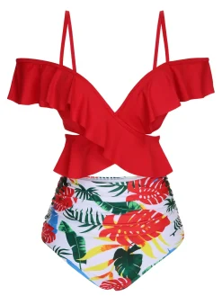 Best Retro Stage 1960s Ruffle Sleeves Tropical Plant Swimsuit Red