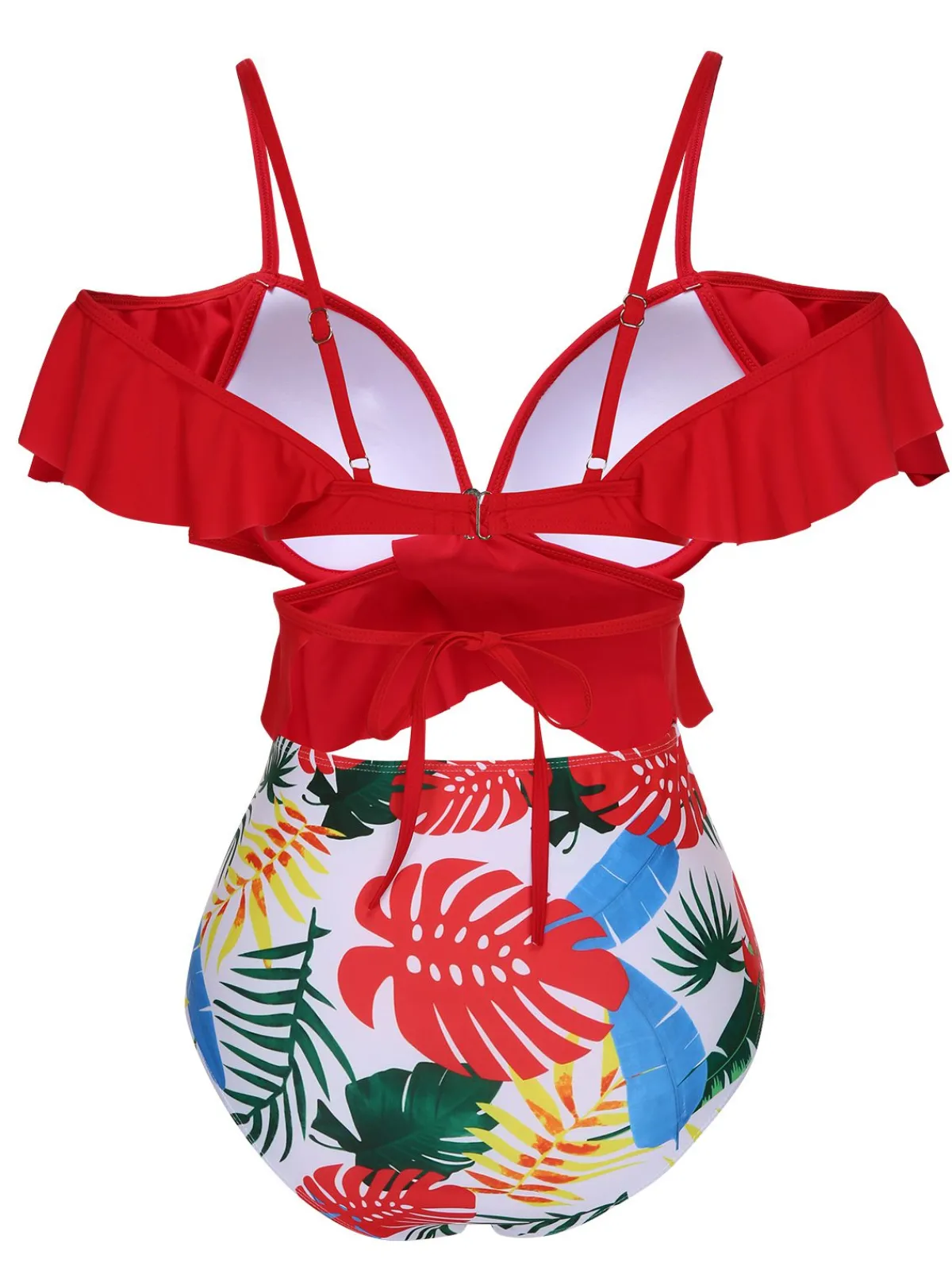 Best Retro Stage 1960s Ruffle Sleeves Tropical Plant Swimsuit Red