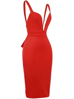 Clearance Retro Stage 1960s Ruffled Open Back Suspender Dress Red