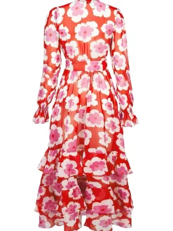 Online Retro Stage Red 1970s Ruffles Floral Cover-Up Dress