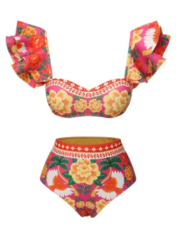 New Retro Stage 1960s Ruffles Sleeves Flowers Swimsuit Red