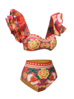 New Retro Stage 1960s Ruffles Sleeves Flowers Swimsuit Red
