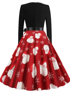 Sale Retro Stage 1950s Santa Claus V-Neck Belt Dress Red
