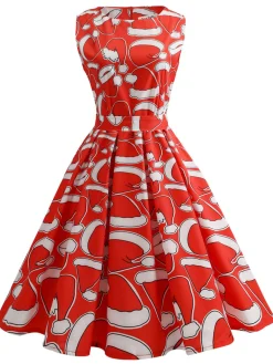 Best Retro Stage 1950s Santa Hat Sleeveless Swing Dress Red