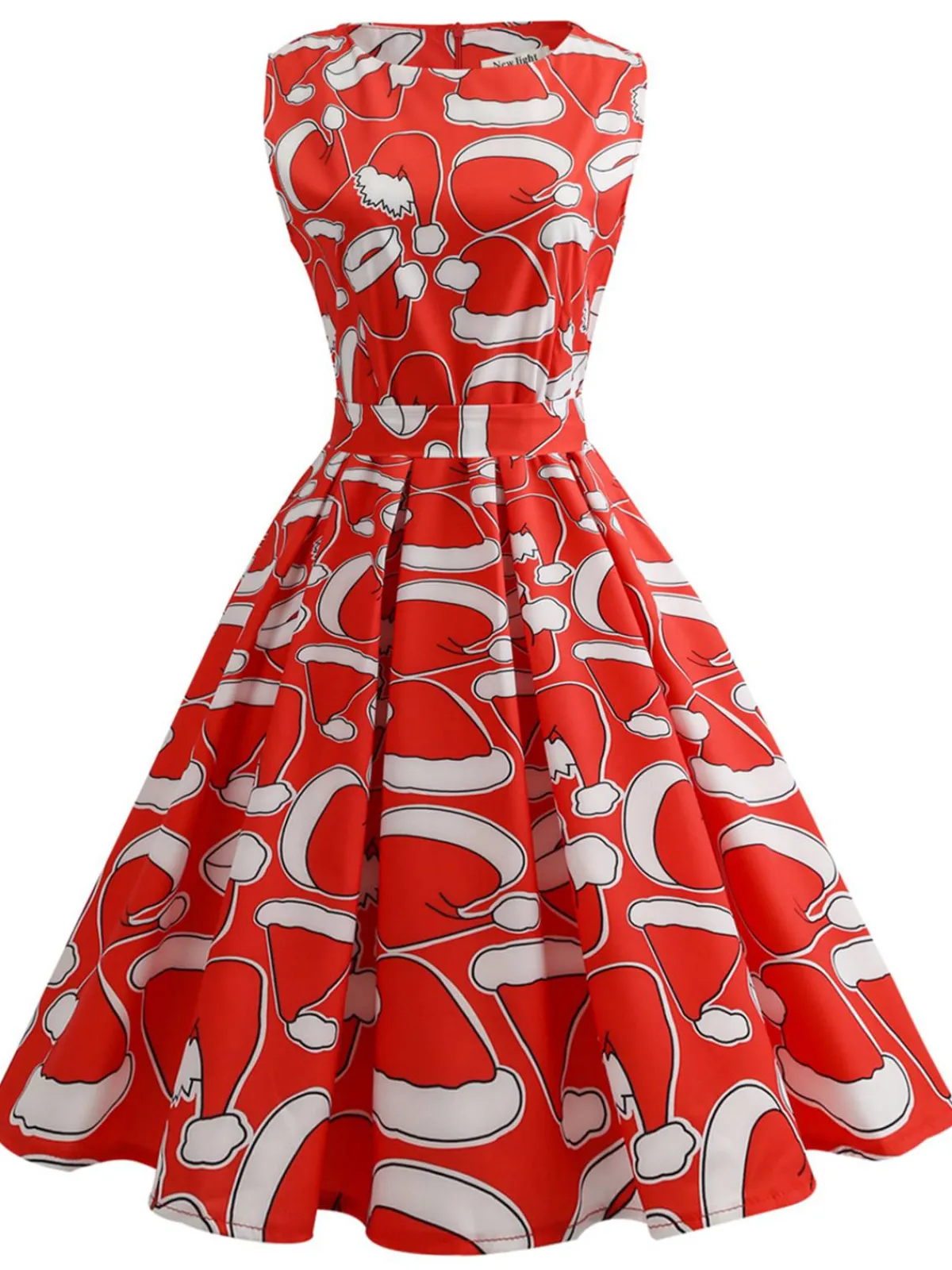 Best Retro Stage 1950s Santa Hat Sleeveless Swing Dress Red