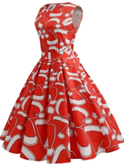 Best Retro Stage 1950s Santa Hat Sleeveless Swing Dress Red