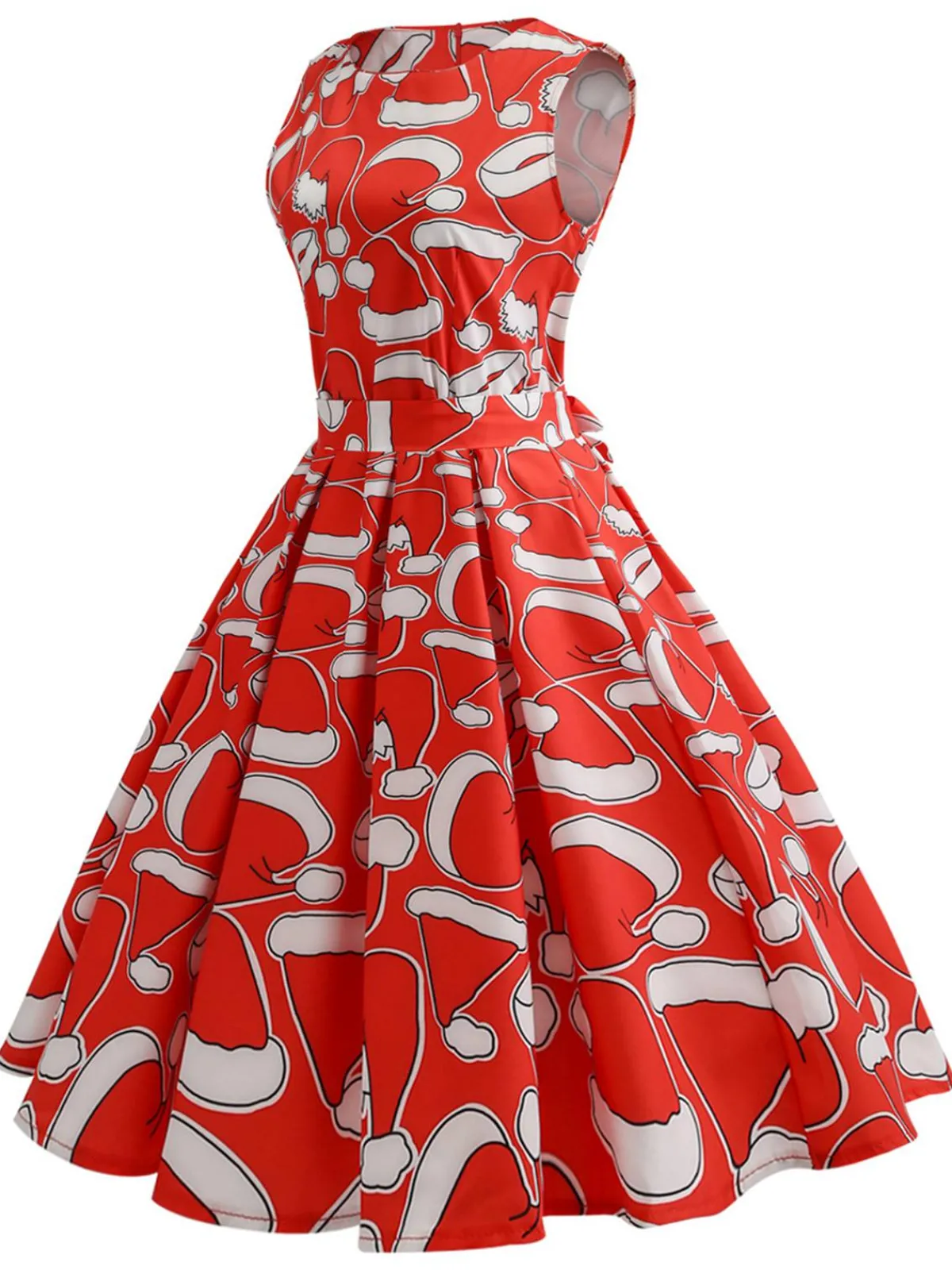 Best Retro Stage 1950s Santa Hat Sleeveless Swing Dress Red