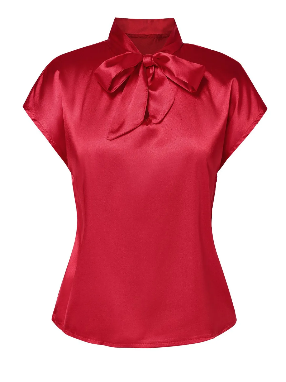 Outlet Retro Stage 1960s Satin Tie Neck Cap Blouse Red