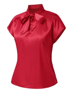 Outlet Retro Stage 1960s Satin Tie Neck Cap Blouse Red