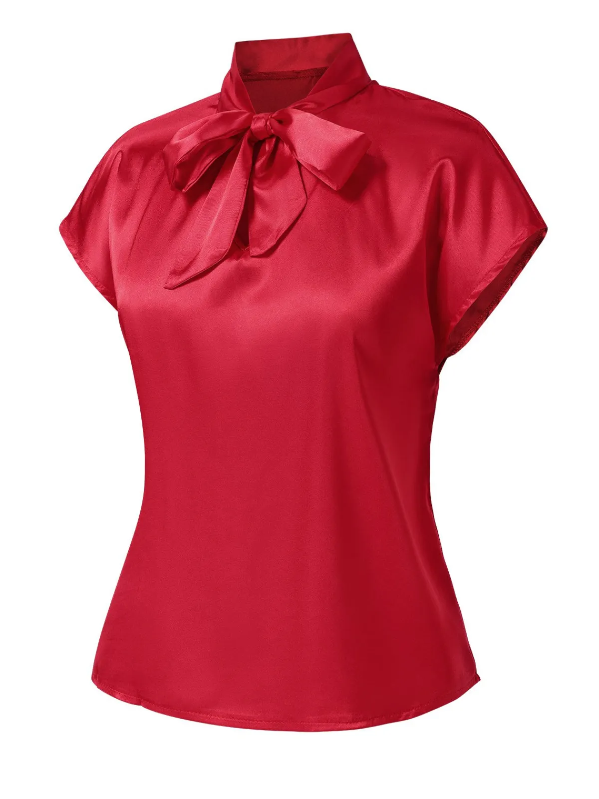 Outlet Retro Stage 1960s Satin Tie Neck Cap Blouse Red