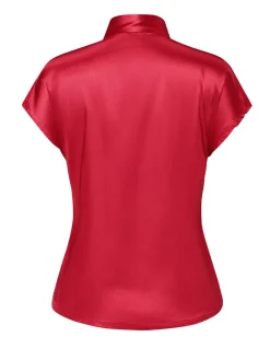 Outlet Retro Stage 1960s Satin Tie Neck Cap Blouse Red