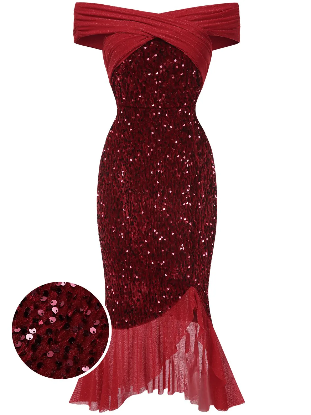 Discount Retro Stage 1930s Sequined Off-Shoulder Dress Red