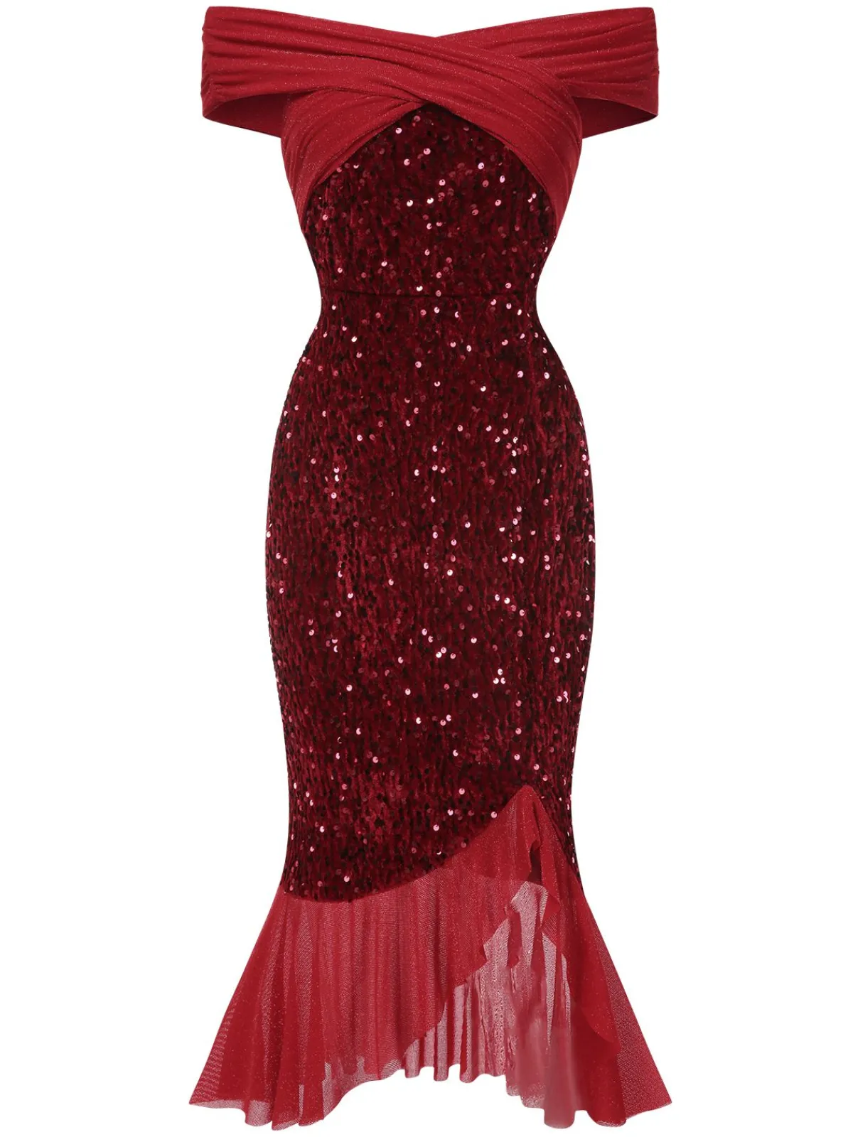 Discount Retro Stage 1930s Sequined Off-Shoulder Dress Red