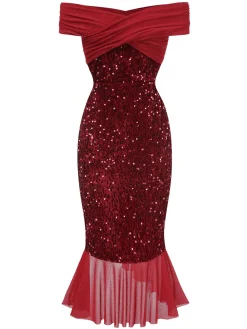 Discount Retro Stage 1930s Sequined Off-Shoulder Dress Red