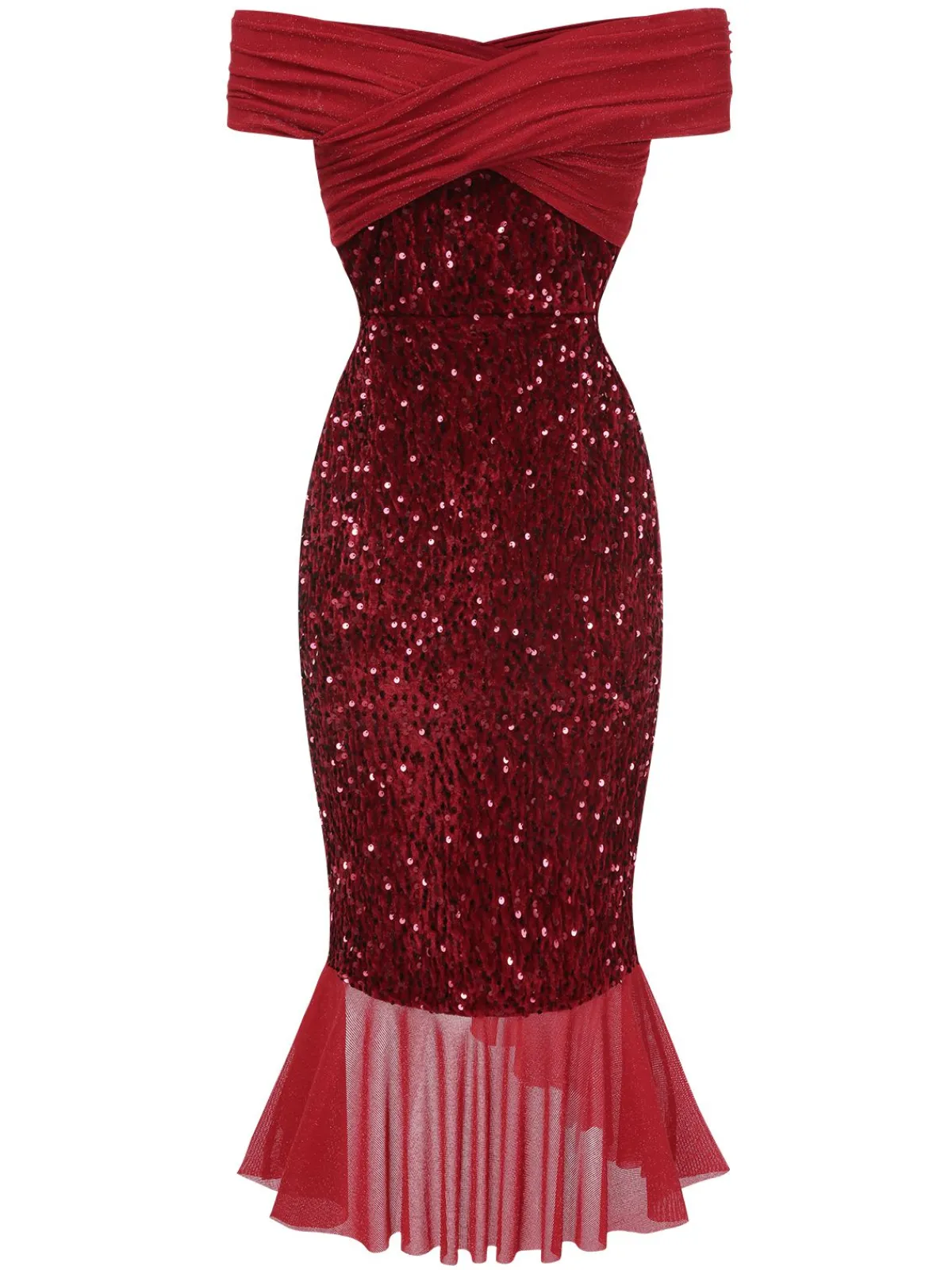 Discount Retro Stage 1930s Sequined Off-Shoulder Dress Red