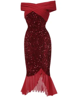 Discount Retro Stage 1930s Sequined Off-Shoulder Dress Red
