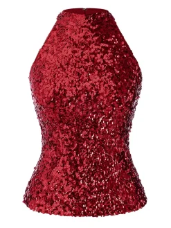 Online Retro Stage Red 1960s Sequins Sleeveless Top