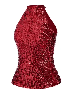 Online Retro Stage Red 1960s Sequins Sleeveless Top
