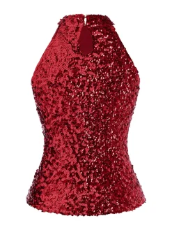 Online Retro Stage Red 1960s Sequins Sleeveless Top