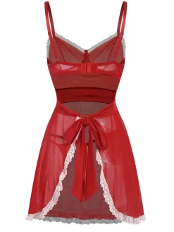 Online Retro Stage 1970s Sheer Lace-Up Nightgown Red