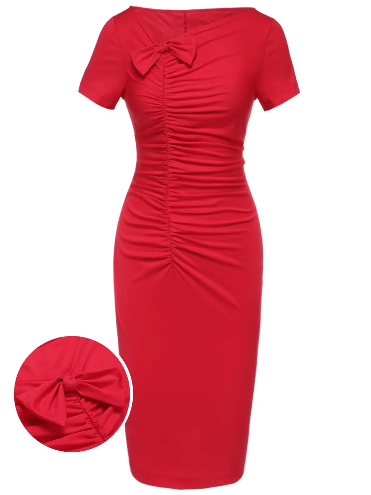 Online Retro Stage 1960s Shirring Bow Solid Wrap Dress Red