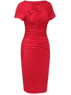 Online Retro Stage 1960s Shirring Bow Solid Wrap Dress Red