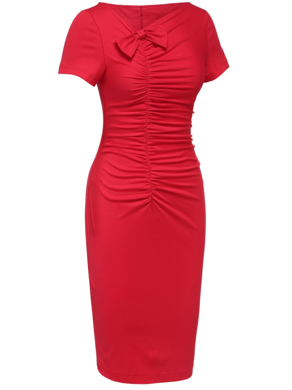 Online Retro Stage 1960s Shirring Bow Solid Wrap Dress Red