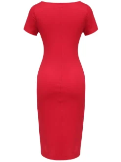 Online Retro Stage 1960s Shirring Bow Solid Wrap Dress Red