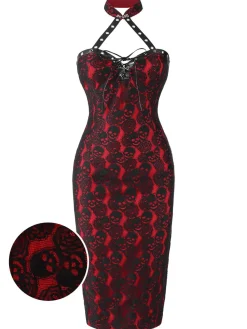 Clearance Retro Stage 1970s Skull Gothic Halter Pencil Dress Red