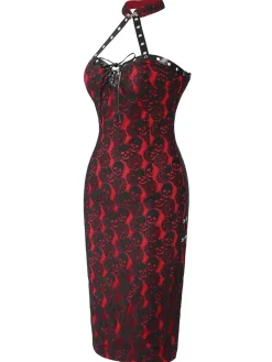 Clearance Retro Stage 1970s Skull Gothic Halter Pencil Dress Red