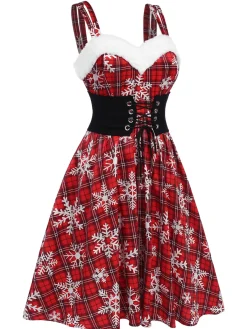 Clearance Retro Stage 1950s Snowflake Plaid Plush Trim Dress Red