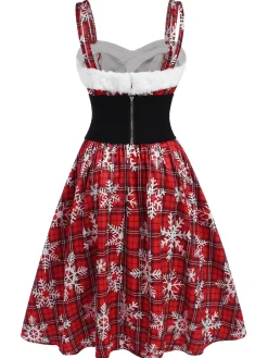 Clearance Retro Stage 1950s Snowflake Plaid Plush Trim Dress Red