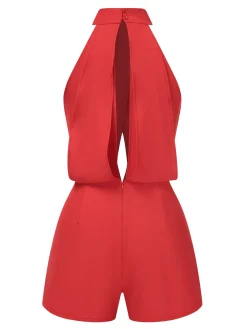 Fashion Retro Stage 1960s Solid Backless Romper Red