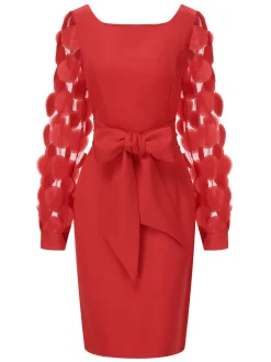 Sale Retro Stage 1960s Solid Bow 3D Flowers Mesh Dress Red