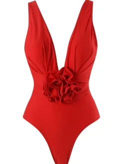 Clearance Retro Stage 1960s Solid 3D Flower Backless Swimsuit Red